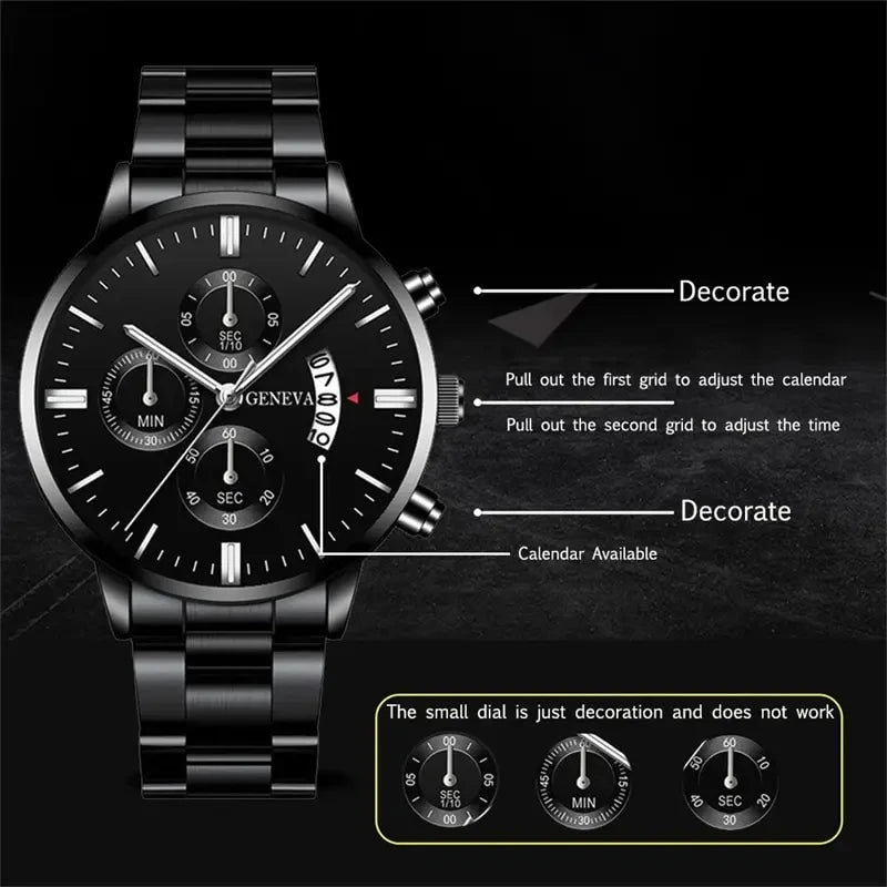 Men's Luxury Black Stainless Steel Quartz Wrist Watch.