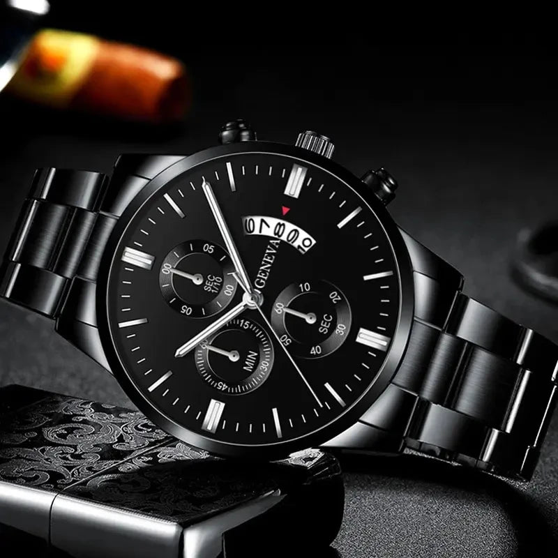 Men's Luxury Black Stainless Steel Quartz Wrist Watch.