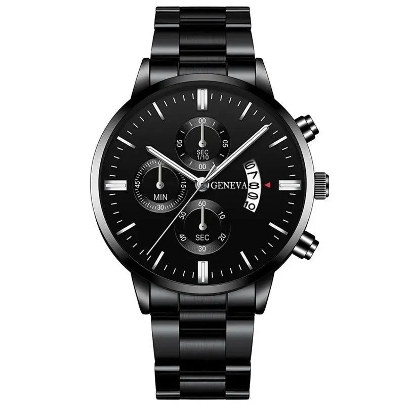 Men's Luxury Black Stainless Steel Quartz Wrist Watch.