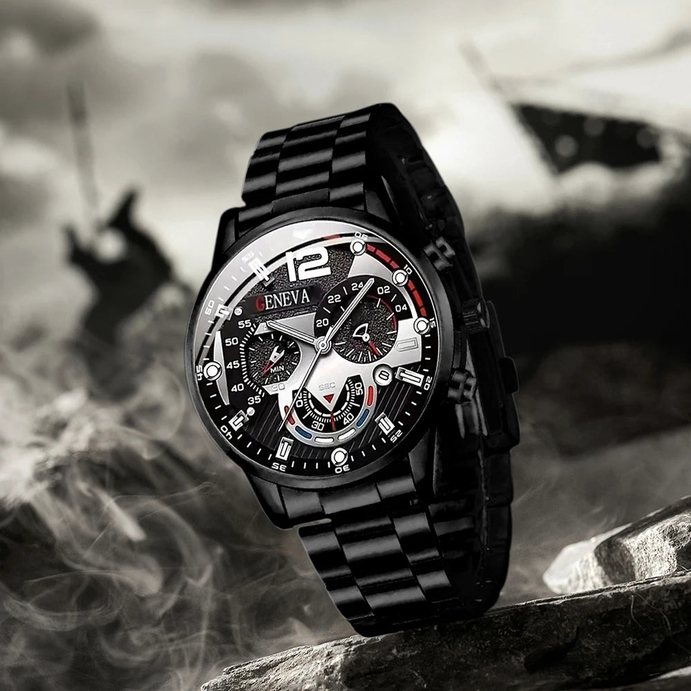 Men's Luxury Black Stainless Steel Quartz Wrist Watch.