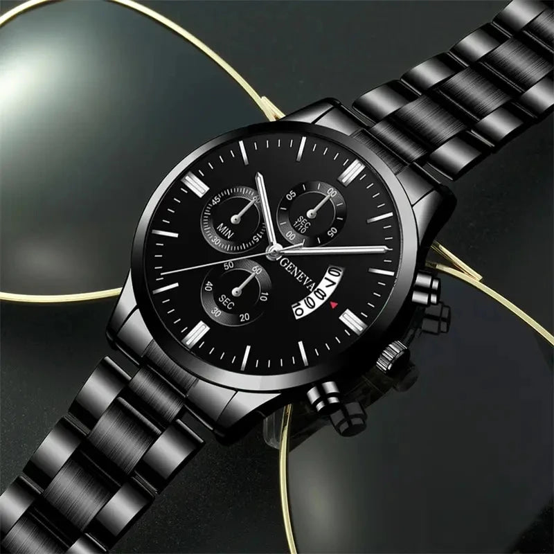 Men's Luxury Black Stainless Steel Quartz Wrist Watch.