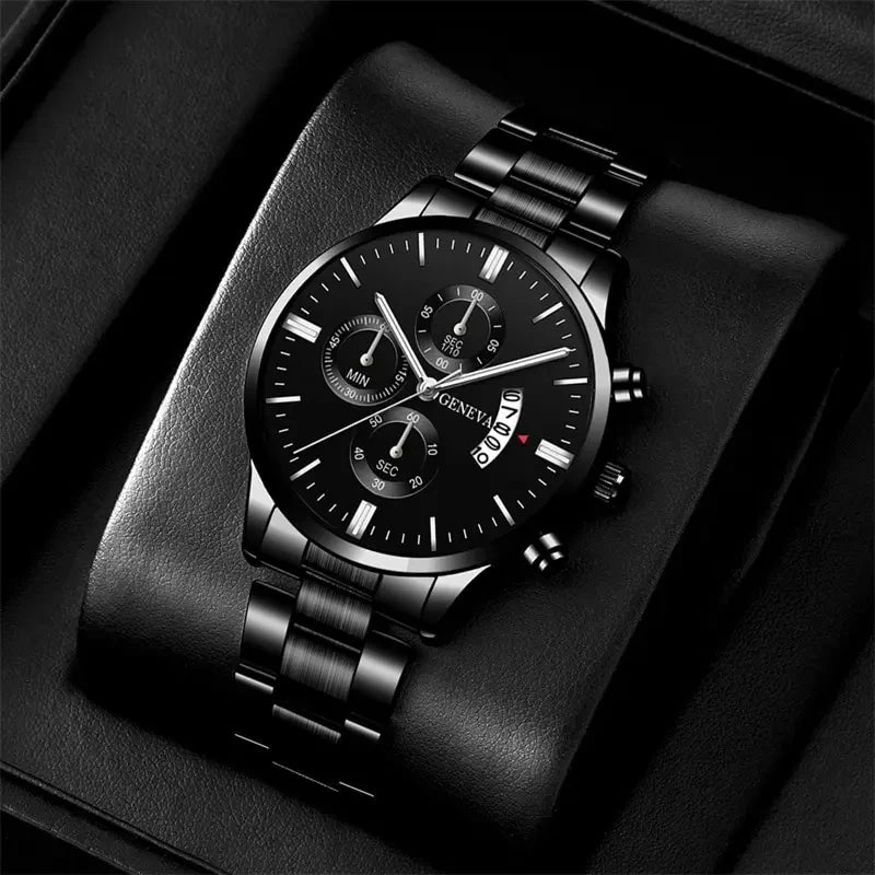 Men's Luxury Black Stainless Steel Quartz Wrist Watch.
