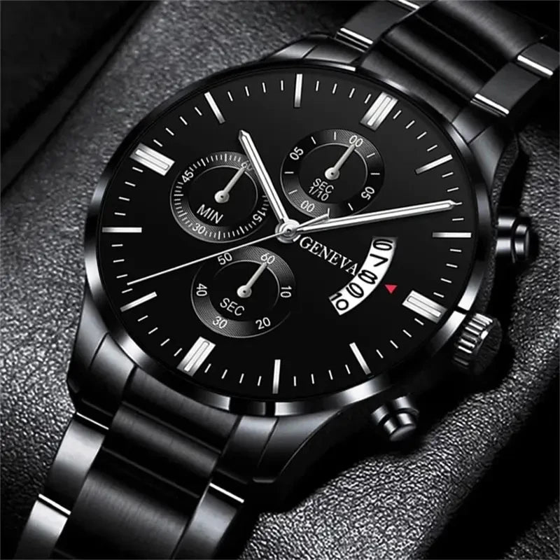 Men's Luxury Black Stainless Steel Quartz Wrist Watch.