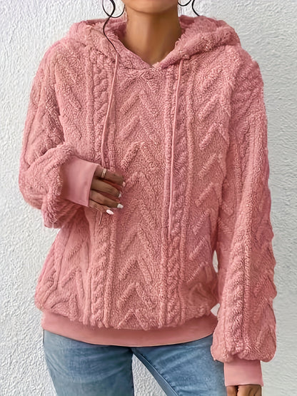 Drawstring Teddy Hoodies, Casual Long Sleeve Solid Sweatshirt, Women's Clothing