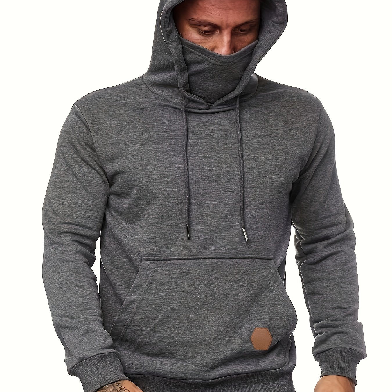 Cool Hoodies With Mask For Men, Men's Casual Solid Pullover Hooded Sweatshirt With Kangaroo Pocket Streetwear For Winter Fall, As Gifts