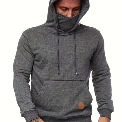Cool Hoodies With Mask For Men, Men's Casual Solid Pullover Hooded Sweatshirt With Kangaroo Pocket Streetwear For Winter Fall, As Gifts