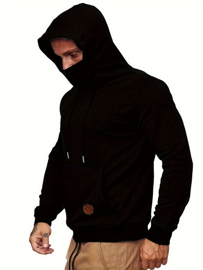 Cool Hoodies With Mask For Men, Men's Casual Solid Pullover Hooded Sweatshirt With Kangaroo Pocket Streetwear For Winter Fall, As Gifts
