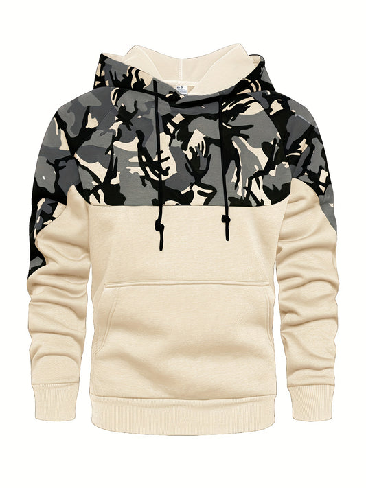 Camouflage Hoodie, Cool Hoodies For Men, Men's Casual Color Block Design Hooded Sweatshirt With Kangaroo Pocket Streetwear For Winter Fall, As Gifts