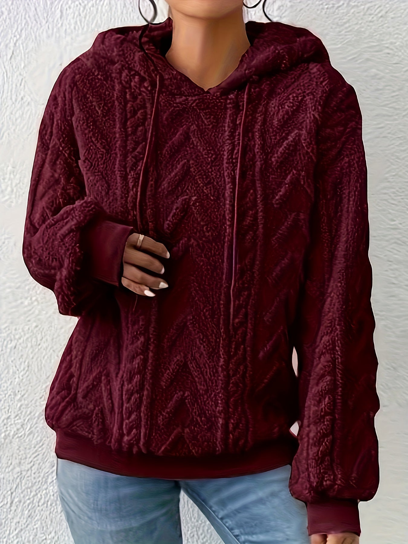 Drawstring Teddy Hoodies, Casual Long Sleeve Solid Sweatshirt, Women's Clothing