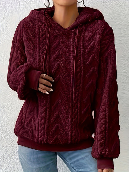 Drawstring Teddy Hoodies, Casual Long Sleeve Solid Sweatshirt, Women's Clothing