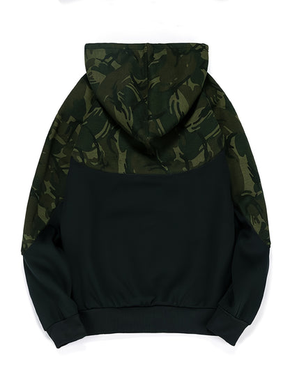 Camouflage Hoodie, Cool Hoodies For Men, Men's Casual Color Block Design Hooded Sweatshirt With Kangaroo Pocket Streetwear For Winter Fall, As Gifts