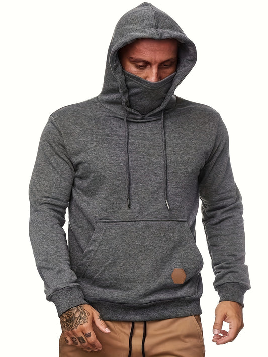 Cool Hoodies With Mask For Men, Men's Casual Solid Pullover Hooded Sweatshirt With Kangaroo Pocket Streetwear For Winter Fall, As Gifts