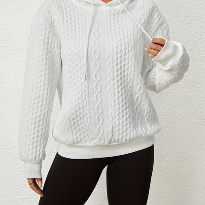 Solid Textured Drawstring Hoodies, Casual Long Sleeve Versatile Sweatshirt, Women's Clothing