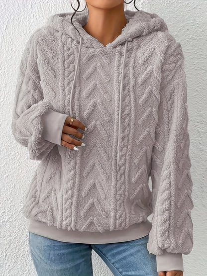 Drawstring Teddy Hoodies, Casual Long Sleeve Solid Sweatshirt, Women's Clothing