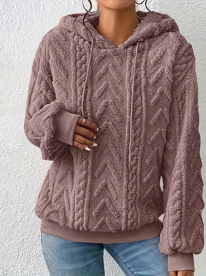 Drawstring Teddy Hoodies, Casual Long Sleeve Solid Sweatshirt, Women's Clothing
