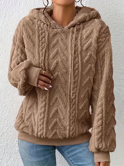 Drawstring Teddy Hoodies, Casual Long Sleeve Solid Sweatshirt, Women's Clothing