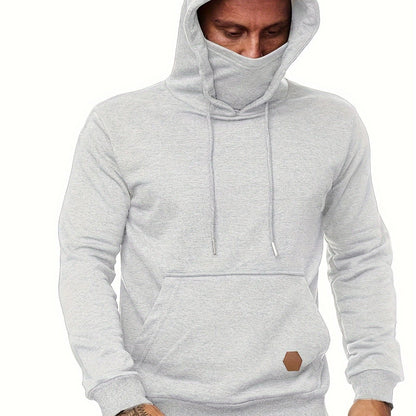 Cool Hoodies With Mask For Men, Men's Casual Solid Pullover Hooded Sweatshirt With Kangaroo Pocket Streetwear For Winter Fall, As Gifts