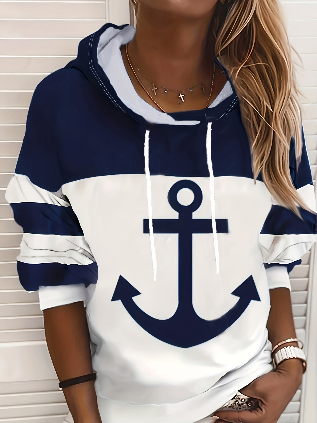 [Casual Hoodies] Casual Color Block Drawstring Hoodies | Anchor Print Long Sleeve Sweatshirt, Women's Clothing