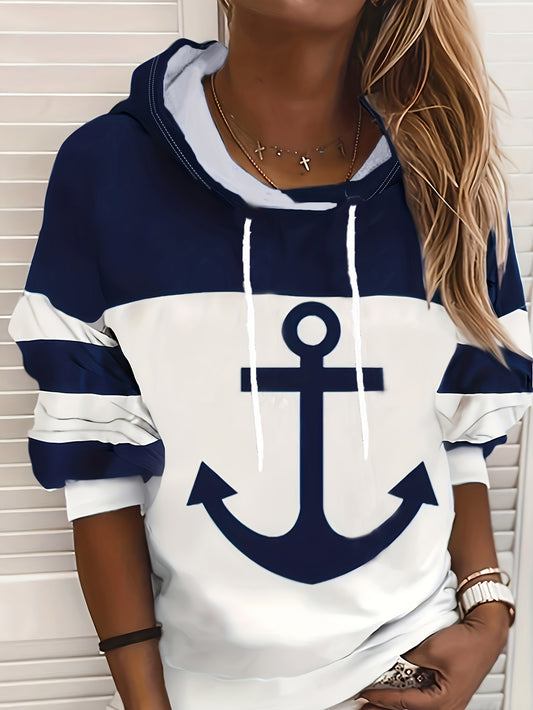 [Casual Hoodies] Casual Color Block Drawstring Hoodies | Anchor Print Long Sleeve Sweatshirt, Women's Clothing