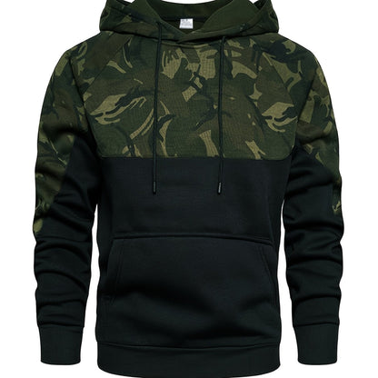 Camouflage Hoodie, Cool Hoodies For Men, Men's Casual Color Block Design Hooded Sweatshirt With Kangaroo Pocket Streetwear For Winter Fall, As Gifts
