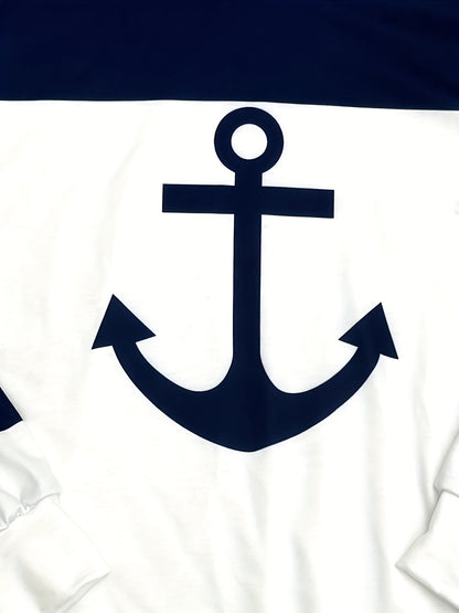 [Casual Hoodies] Casual Color Block Drawstring Hoodies | Anchor Print Long Sleeve Sweatshirt, Women's Clothing