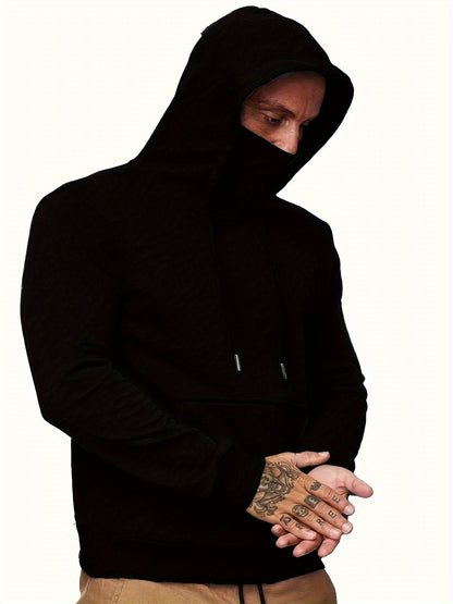 Cool Hoodies With Mask For Men, Men's Casual Solid Pullover Hooded Sweatshirt With Kangaroo Pocket Streetwear For Winter Fall, As Gifts