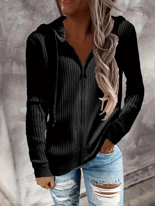 [Zip Up Hoodies Sweatshirt] Zip Up Drawstring Hoodies, Casual Soldi Long Sleeve Sweatshirt, Women's Clothing