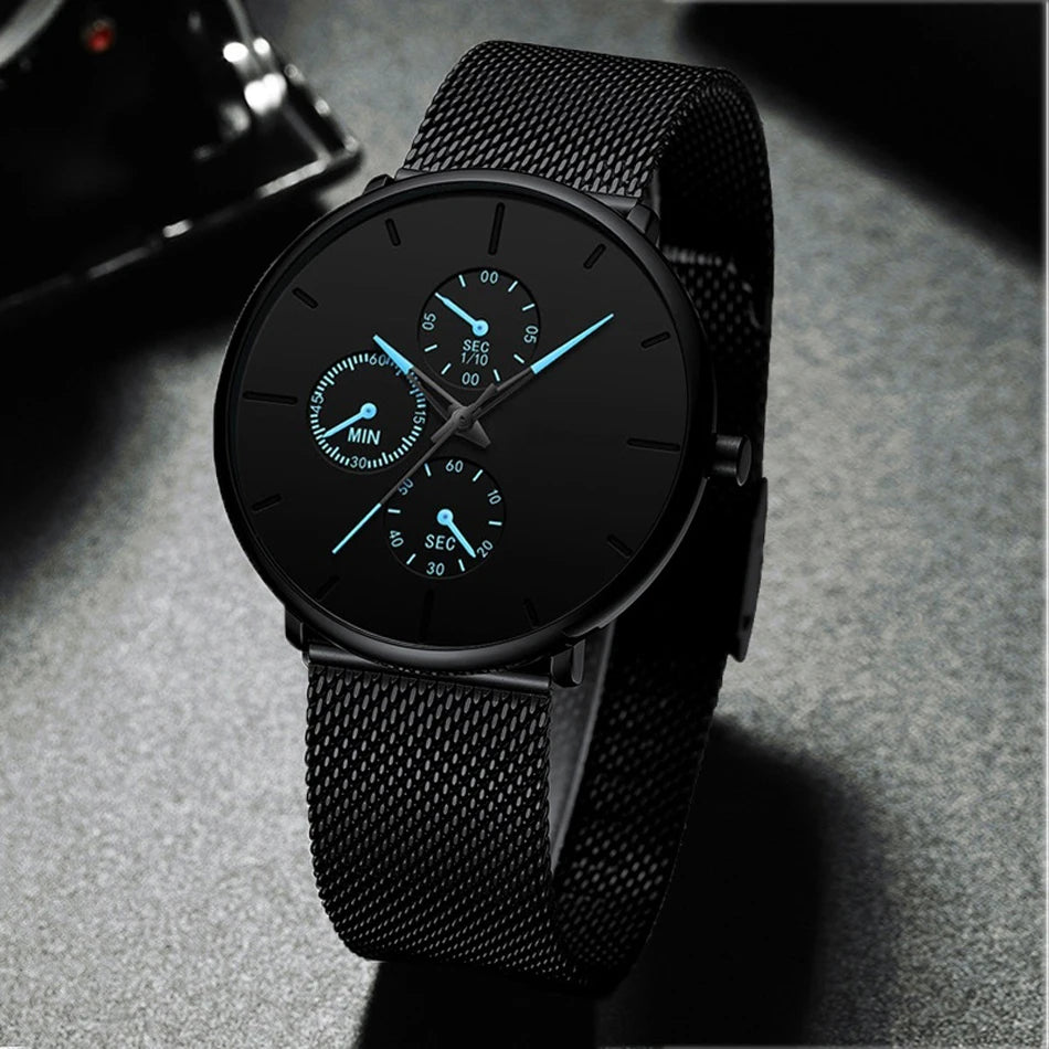 2025 Mens Luxury Watches for Men Business Casual Ultra Thin Clock, Stainless Steel, Mesh Belt