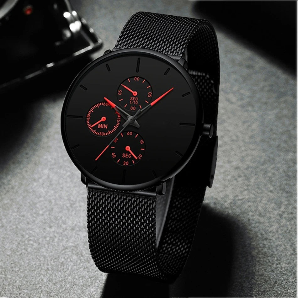 2025 Mens Luxury Watches for Men Business Casual Ultra Thin Clock, Stainless Steel, Mesh Belt