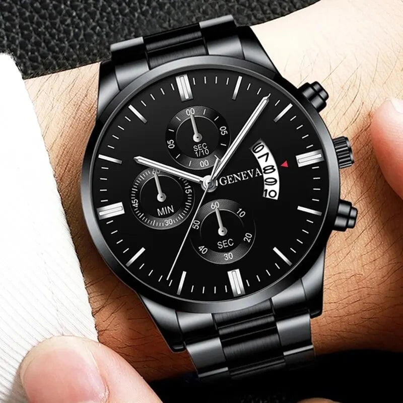 Men's Luxury Black Stainless Steel Quartz Wrist Watch.
