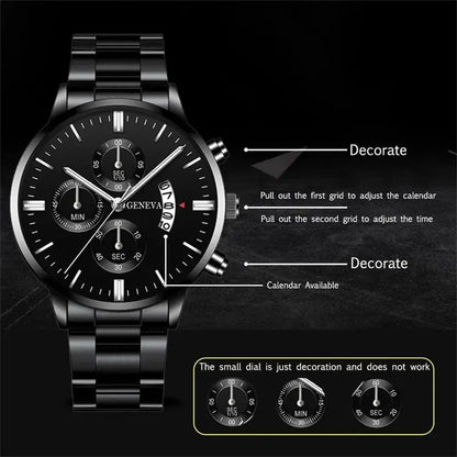 Men's Luxury Black Stainless Steel Quartz Wrist Watch.