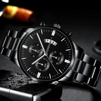 Men's Luxury Black Stainless Steel Quartz Wrist Watch.