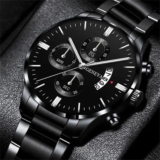 Men's Luxury Black Stainless Steel Quartz Wrist Watch.