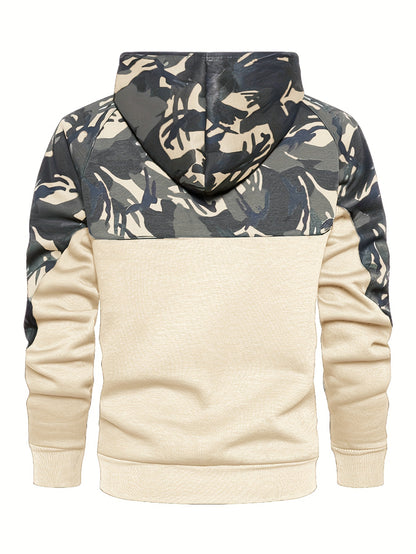 Camouflage Hoodie, Cool Hoodies For Men, Men's Casual Color Block Design Hooded Sweatshirt With Kangaroo Pocket Streetwear For Winter Fall, As Gifts