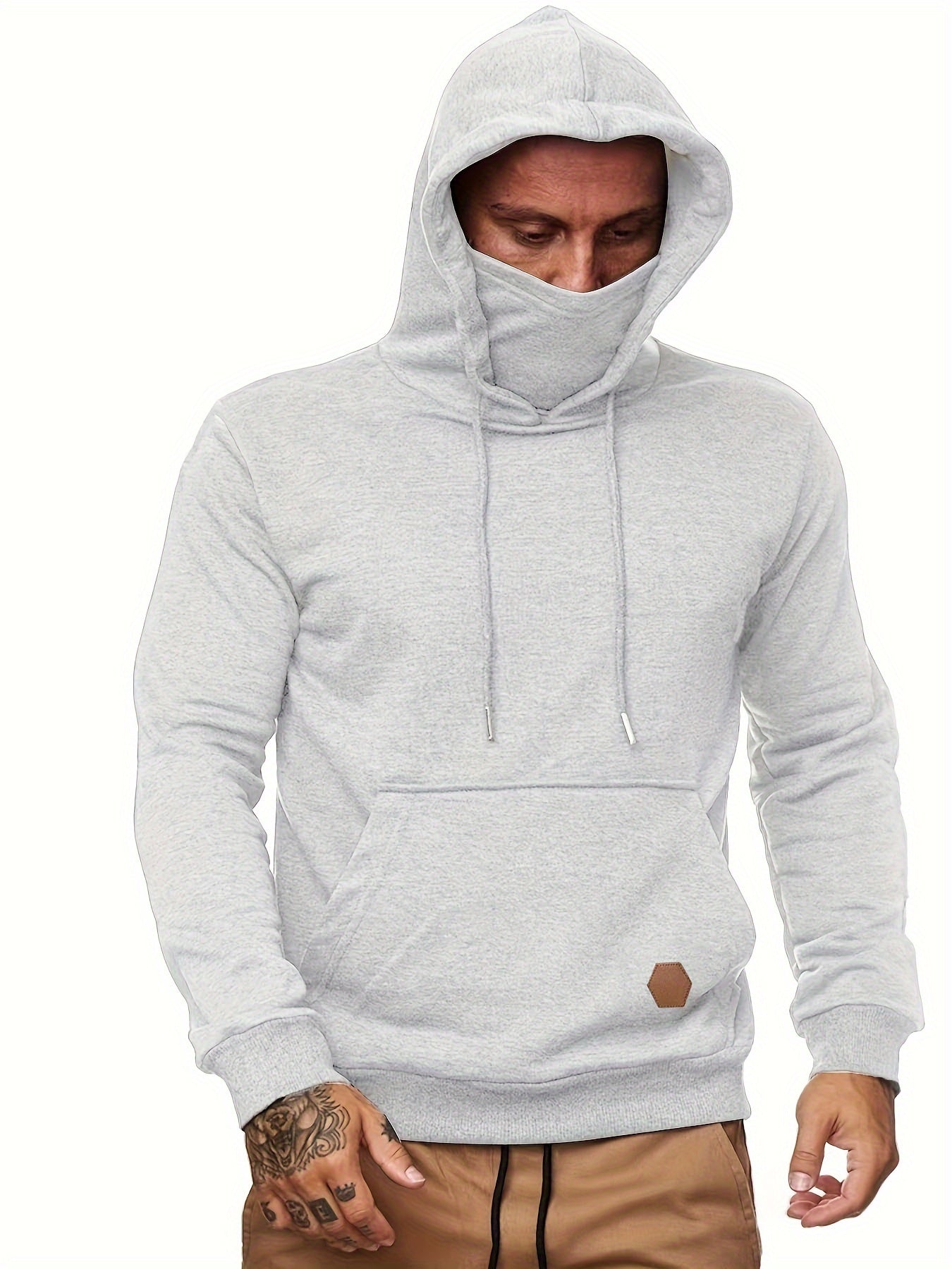 Cool Hoodies With Mask For Men, Men's Casual Solid Pullover Hooded Sweatshirt With Kangaroo Pocket Streetwear For Winter Fall, As Gifts