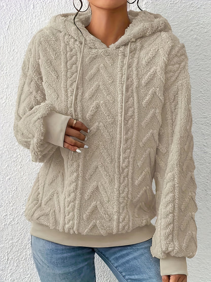 Drawstring Teddy Hoodies, Casual Long Sleeve Solid Sweatshirt, Women's Clothing