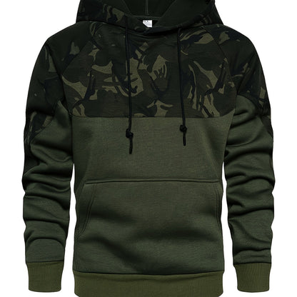 Camouflage Hoodie, Cool Hoodies For Men, Men's Casual Color Block Design Hooded Sweatshirt With Kangaroo Pocket Streetwear For Winter Fall, As Gifts