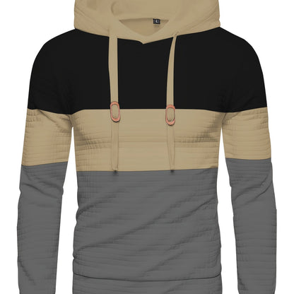 Color Block Cool Hoodies For Men, Men's Casual Waffle Pattern Pullover Hooded Sweatshirt With Kangaroo Pocket Streetwear For Winter Fall, As Gifts, Old Money Style