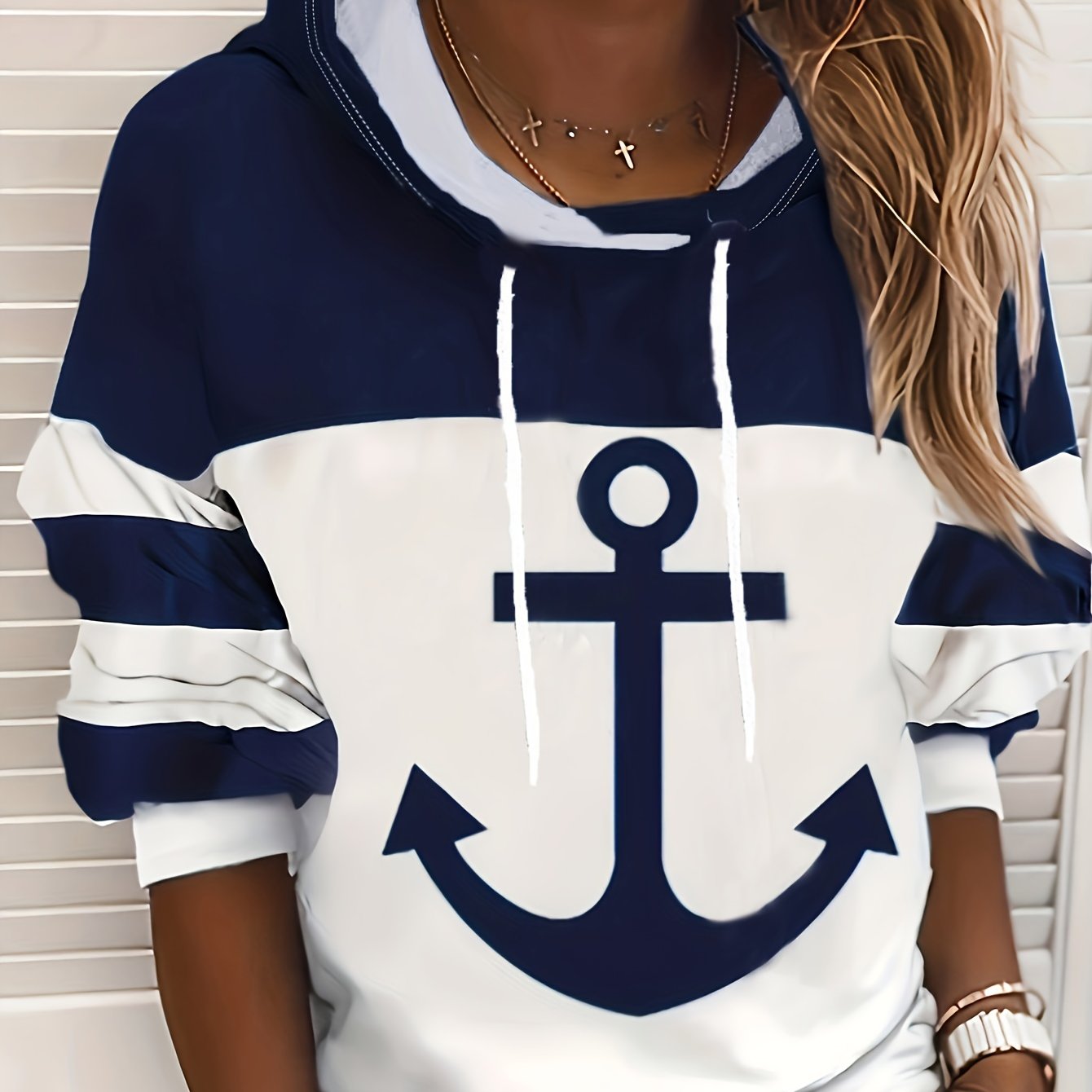 [Casual Hoodies] Casual Color Block Drawstring Hoodies | Anchor Print Long Sleeve Sweatshirt, Women's Clothing