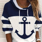 [Casual Hoodies] Casual Color Block Drawstring Hoodies | Anchor Print Long Sleeve Sweatshirt, Women's Clothing