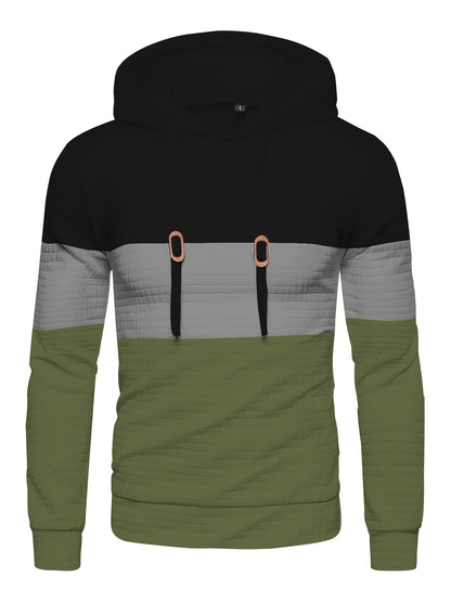 Color Block Cool Hoodies For Men, Men's Casual Waffle Pattern Pullover Hooded Sweatshirt With Kangaroo Pocket Streetwear For Winter Fall, As Gifts, Old Money Style