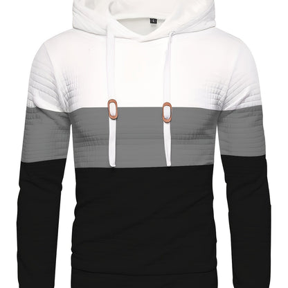 Color Block Cool Hoodies For Men, Men's Casual Waffle Pattern Pullover Hooded Sweatshirt With Kangaroo Pocket Streetwear For Winter Fall, As Gifts, Old Money Style