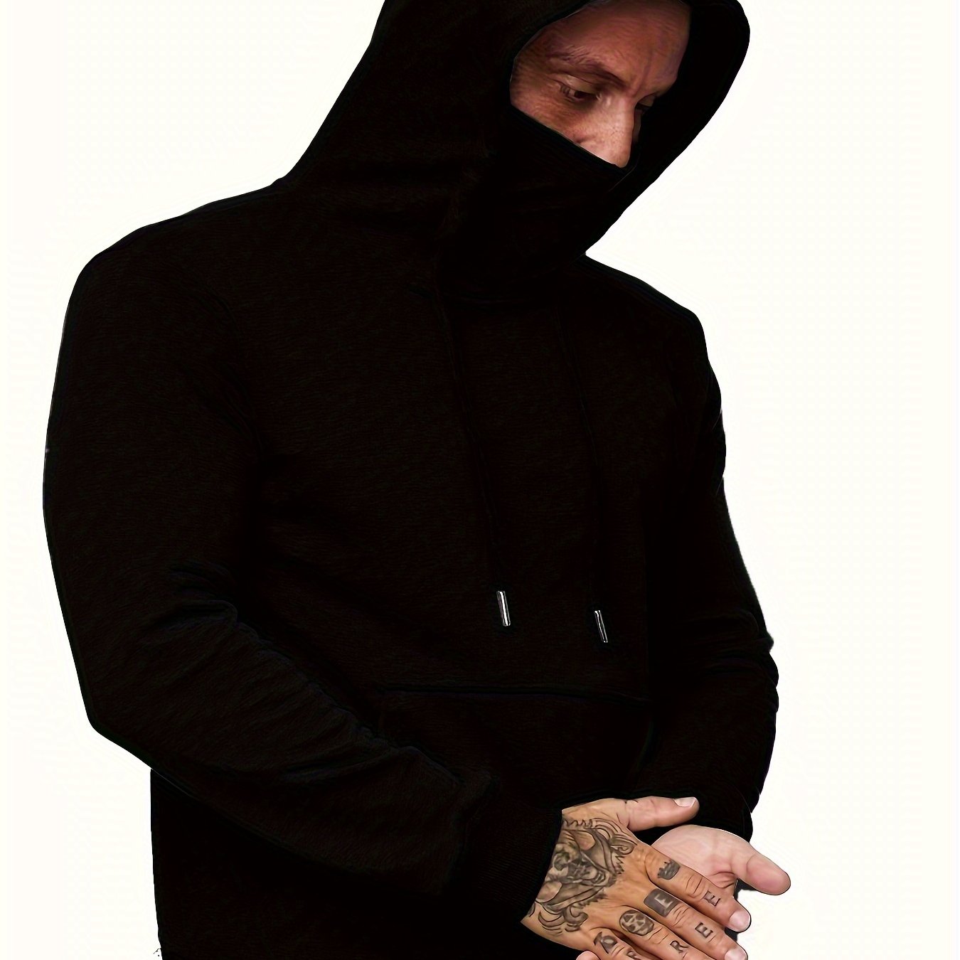 Cool Hoodies With Mask For Men, Men's Casual Solid Pullover Hooded Sweatshirt With Kangaroo Pocket Streetwear For Winter Fall, As Gifts