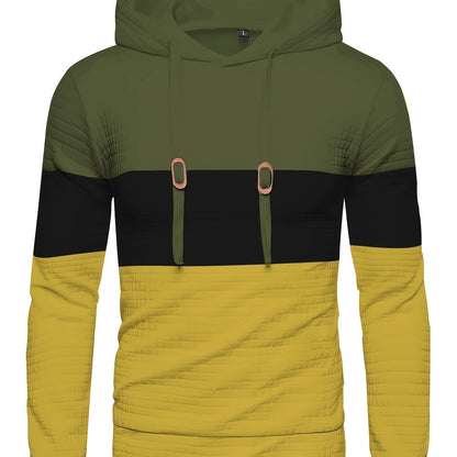 Color Block Cool Hoodies For Men, Men's Casual Waffle Pattern Pullover Hooded Sweatshirt With Kangaroo Pocket Streetwear For Winter Fall, As Gifts, Old Money Style