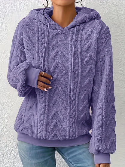 Drawstring Teddy Hoodies, Casual Long Sleeve Solid Sweatshirt, Women's Clothing