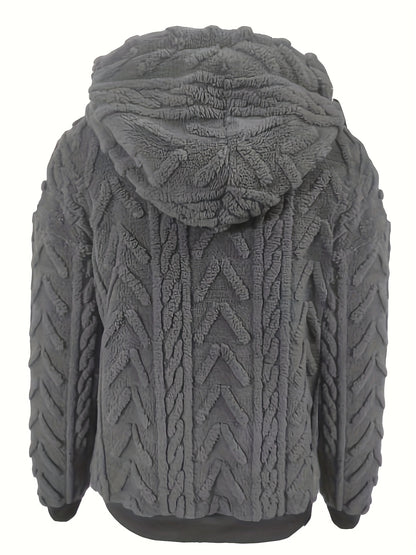 Drawstring Teddy Hoodies, Casual Long Sleeve Solid Sweatshirt, Women's Clothing