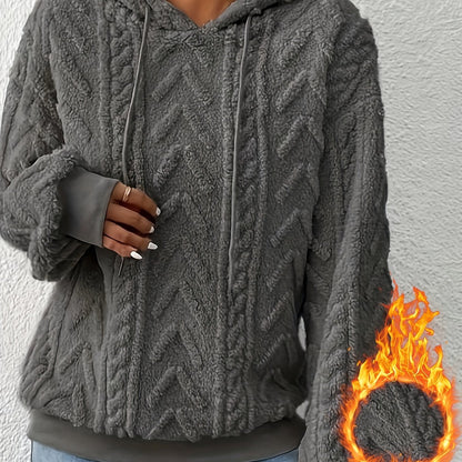 Drawstring Teddy Hoodies, Casual Long Sleeve Solid Sweatshirt, Women's Clothing
