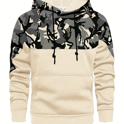 Camouflage Hoodie, Cool Hoodies For Men, Men's Casual Color Block Design Hooded Sweatshirt With Kangaroo Pocket Streetwear For Winter Fall, As Gifts