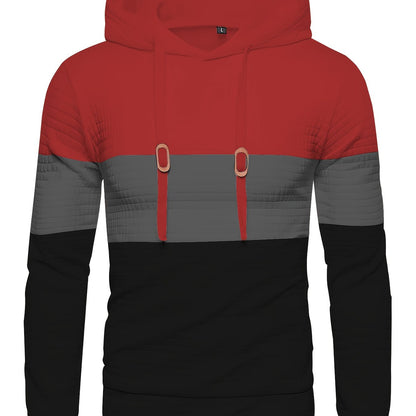 Color Block Cool Hoodies For Men, Men's Casual Waffle Pattern Pullover Hooded Sweatshirt With Kangaroo Pocket Streetwear For Winter Fall, As Gifts, Old Money Style